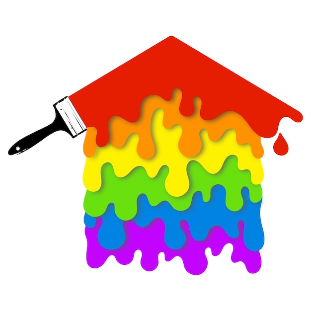 Pincel y gotas de pintura de colores símbolo de pintar una casa
