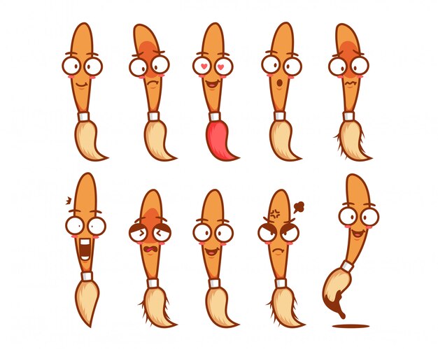 Pincel lindo personaje de mascota de dibujos animados divertido emoji emoticon conjunto de expresión de la cara