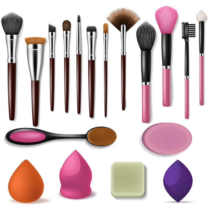 Vector pincel de maquillaje profesional aplicador de belleza accesorio y herramientas cepilladas de moda para el conjunto de ilustración de sombra de rubor en polvo de maquillaje productos de cepillado cosméticos aislados sobre fondo blanco