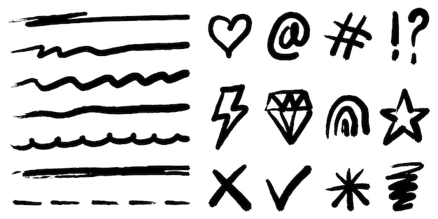 Pincel en negrita Colección de estilo de garabateo dibujado a mano de corazón garabateo estrella marca de comprobación espirales arco iris hashtag relámpago y elemento de énfasis uso para el diseño conceptual