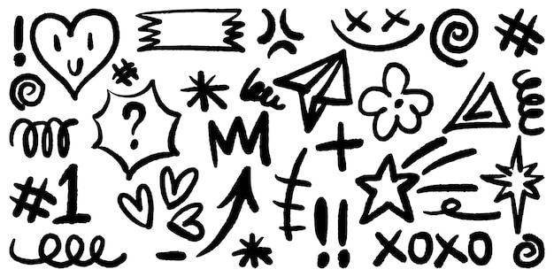 Pincel en negrita Estilo de garabateo dibujado a mano Colección de corazones garabateado Marca de verificación de estrellas Espiras brillantes Relámpagos y elementos de énfasis Uso para diseño conceptual