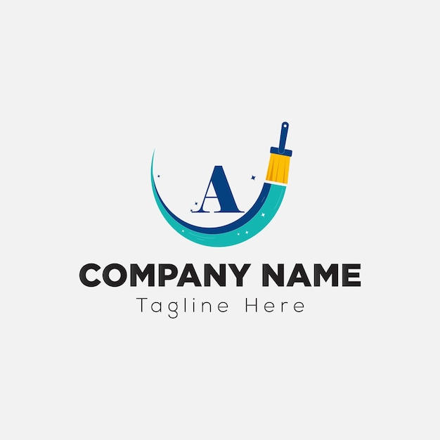 Pincel de pintura Logotipo en una letra Una plantilla Pintura en una letra Concepto inicial de señal de pintura