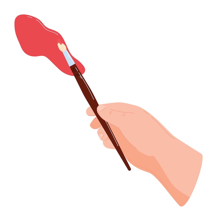 Vector pincel de pintura en la mano sumergiendo pintura roja artesanías creativas pintores de escena pincel de madera con empuñadura de mano