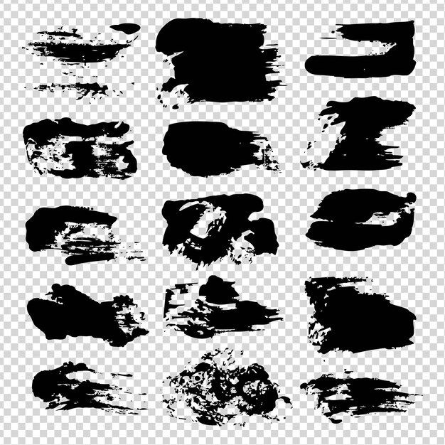 Pinceladas abstractas de tinta negra con textura en un fondo transparente de imitación