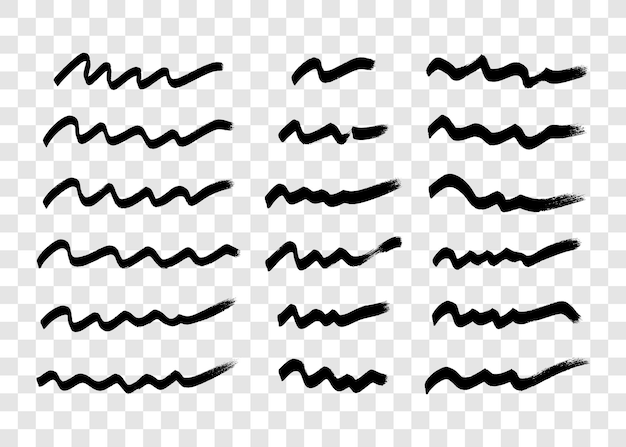 Pinceladas grunge onduladas negras Gran conjunto de rayas de tinta pintadas Punto de tinta aislado en un fondo transparente Ilustración vectorial