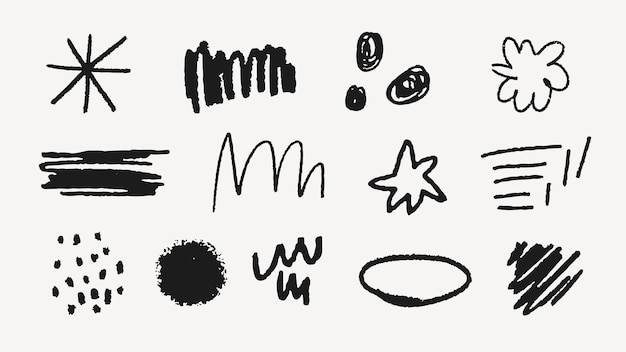 Las pinceladas negras abstractas y los garabatos sobre un fondo blanco Varias pinceletas, garabatos y formas abstractas crean un patrón artístico dinámico Conjunto de elementos de ilustración vectorial