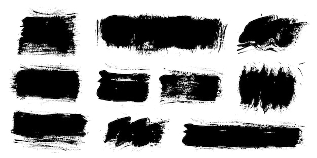 Pinceladas pinceles vectoriales conjunto Grunge elementos de diseño cuadros de texto rectangulares o burbujas de habla texturas de angustia sucias banderas salpicaduras de tinta burbujas del habla pintadas Grungy