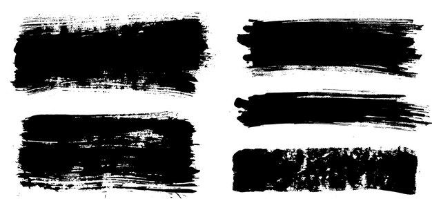 Pinceladas pinceles vectoriales conjunto Grunge elementos de diseño cuadros de texto rectangulares o burbujas de habla texturas de angustia sucias pancartas salpicaduras de tinta objetos pintados Grungy