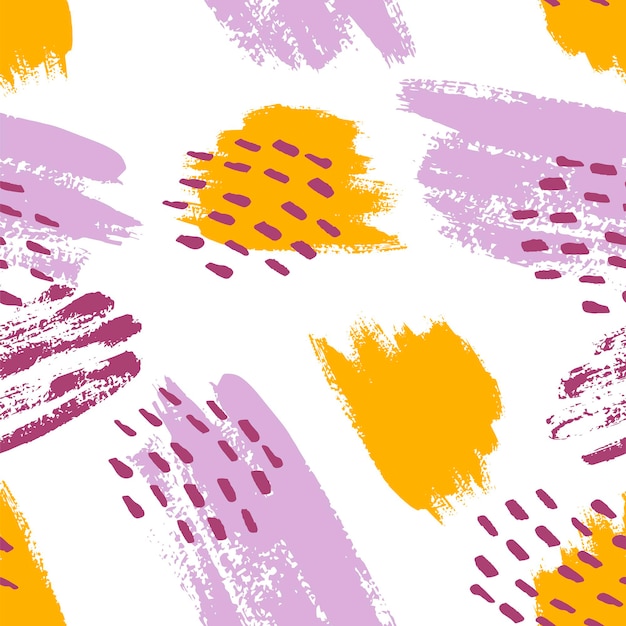 Pinceladas pintadas a mano en mostaza, morado, lila y blanco. Patrón abstracto de vector transparente, fondo de trazos de pincel de textura y manchas, puntos para el diseño de telas, diferentes diseños web