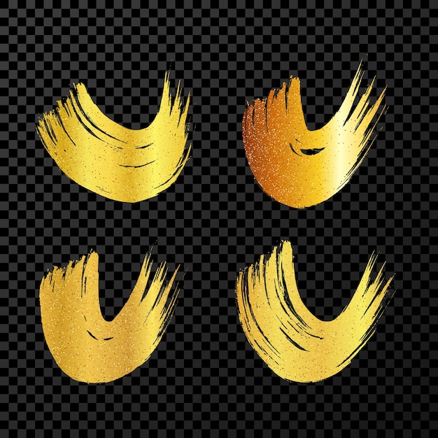 Pinceladas semicirculares grunge de oro Conjunto de rayas de tinta onduladas pintadas Punto de tinta aislado en un fondo transparente oscuro Ilustración vectorial