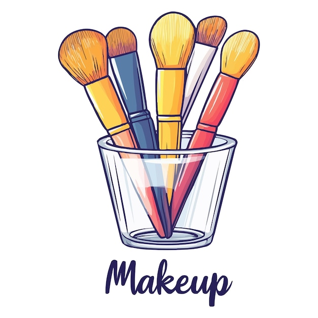 Pinceles de maquillaje vectorial en un recipiente con el maquillaje de texto