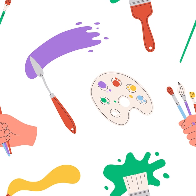 Pinceles y pinturas con patrón sin costuras