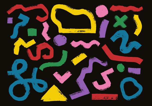 Pinceles secos abstractos formas coloridas lúdicas en el estilo doodle grunge Pincel seco hecho a mano vectorial