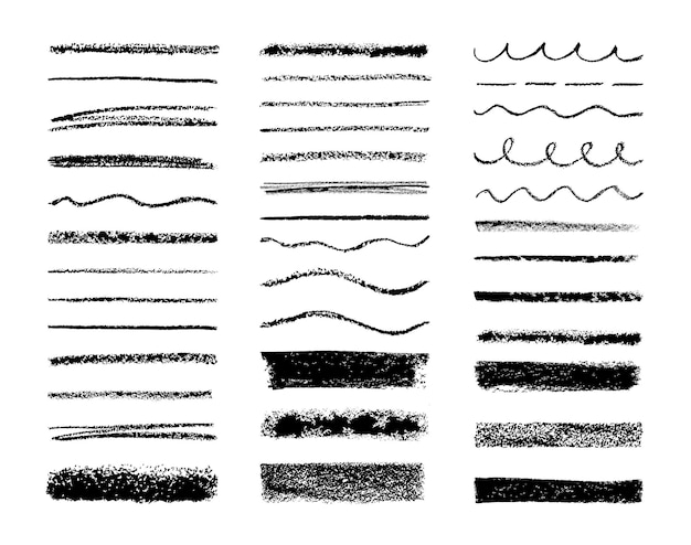 Pinceles de tiza trazos de textura de lápiz Sketch grunge pluma subraya elementos de carbón marcador formas y líneas Pincel dibujado a mano lápiz de colores textura conjunto vectorial