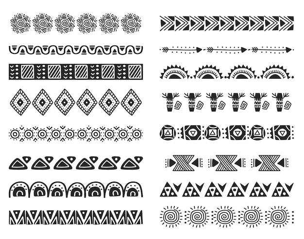 Pinceles tribales africanos Blanco y negro dibujado a mano bordes horizontales sin costura aislados Conjunto de vectores