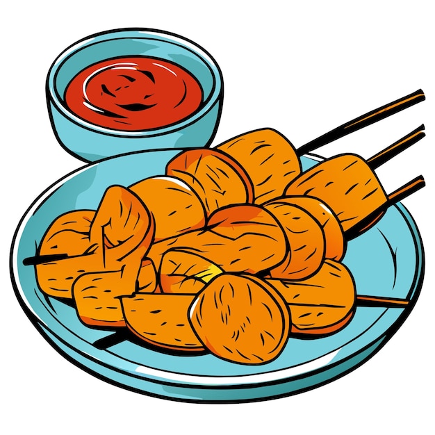 Pinchos de pollo con rebanadas de pimientos dulces y eneldo en una ilustración vectorial de plato