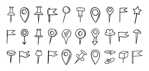 Pines dibujado a mano doodle set pin línea estilo de dibujo para planificador o mapa pines iconos variables vector