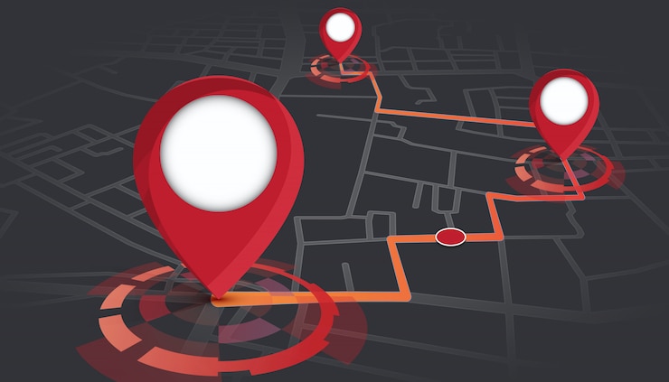 Vector pines gps que se muestran en el mapa de calles con seguimiento de ruta