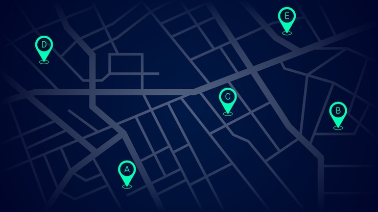Vector pines de navegación verdes en el mapa de calles