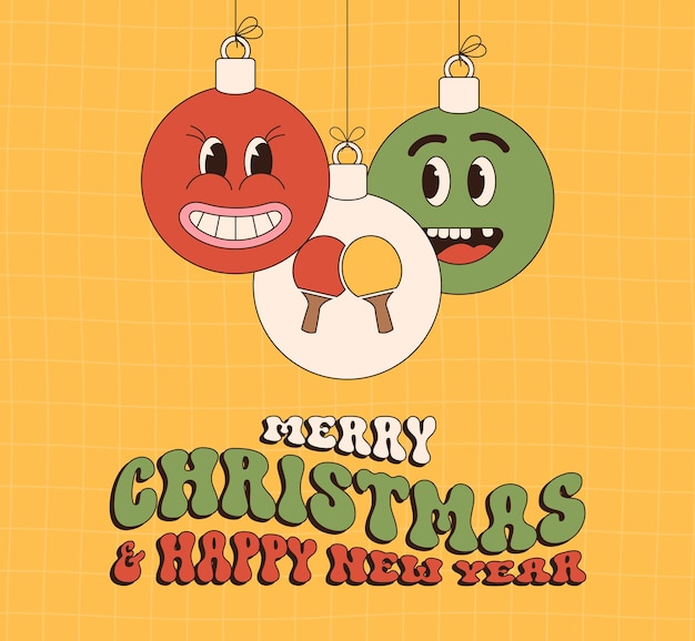 Vector ping pong feliz navidad y feliz año nuevo tarjeta de felicitación deportiva colgada como una bola de navidad en un fondo vibrante ilustración vectorial