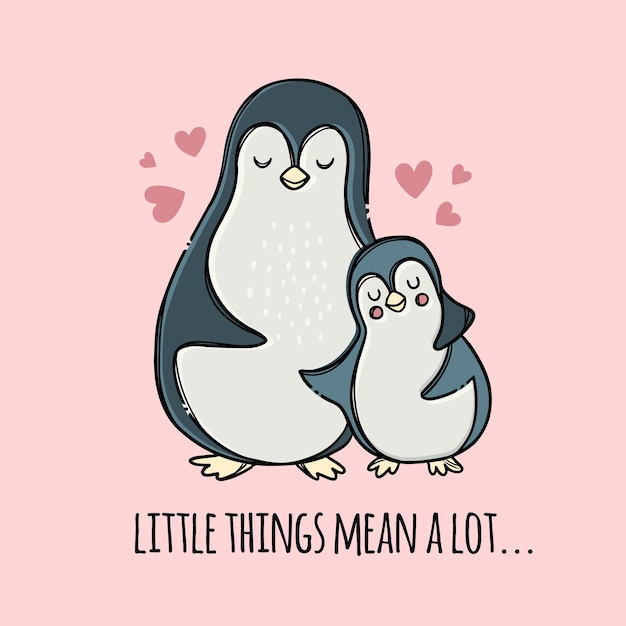 PINGÜINO ABRAZA A SU HIJO. Dia del padre. Ilustración dibujada a mano.