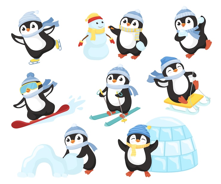Vector pingüino en actividades de invierno pequeños personajes de pingüinos de dibujos animados lindos juegan divertidos hacen patinaje y esquí de muñeco de nieve conjunto de vectores