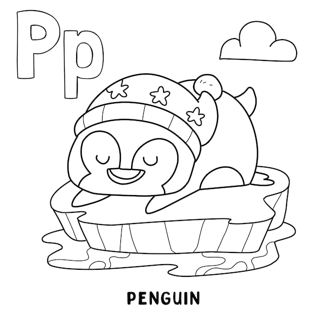 Pingüino animal del alfabeto para colorear con dibujos animados de animales de letras dibujadas a mano de palabra