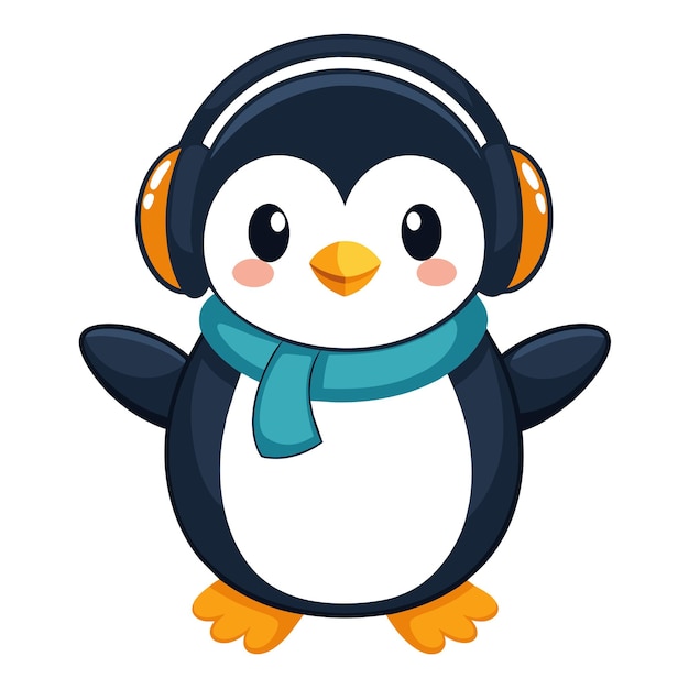un pingüino con auriculares y una bufanda que dice el pingüino