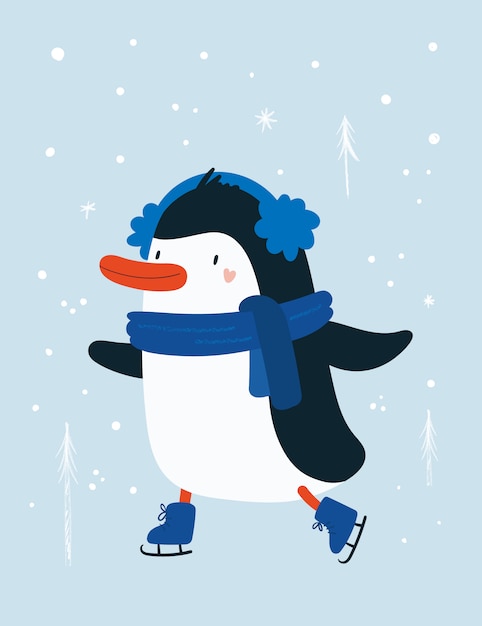 Pingüino bebé animal con copos de nieve