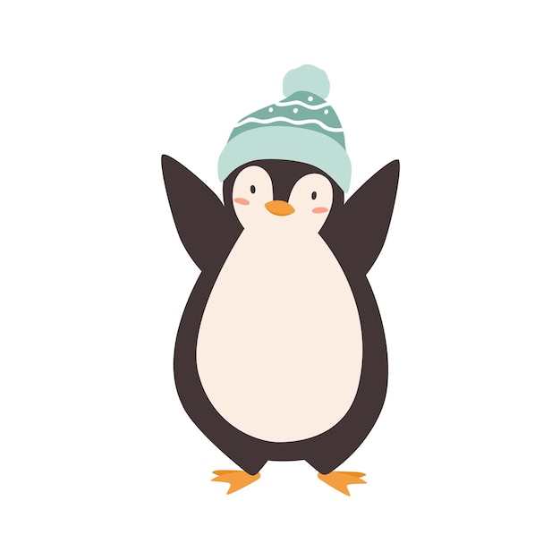 Pingüino bebé de pie en la ilustración plana de lana colorida bobble hat vector. Lindo pájaro polar con tocado infantil adornado con pompón aislado. Feliz personaje ártico en accesorio de invierno.