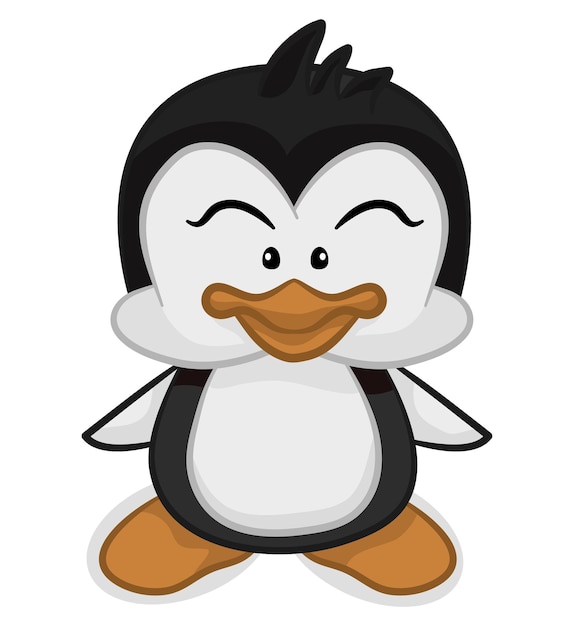 Pingüino bebé travieso frente al fondo blanco aislado, color plano