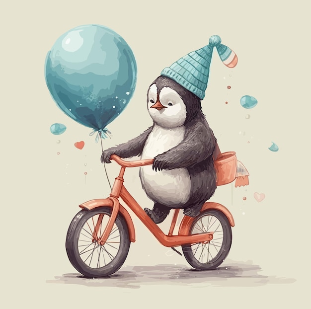 Pingüino en bicicleta con un globo azul