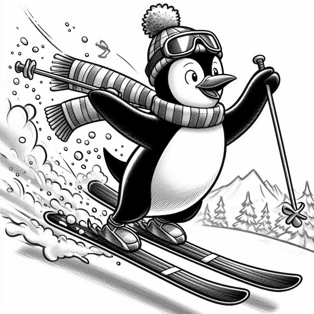 Pingüino blanco y negro esquiando ilustración aislada.