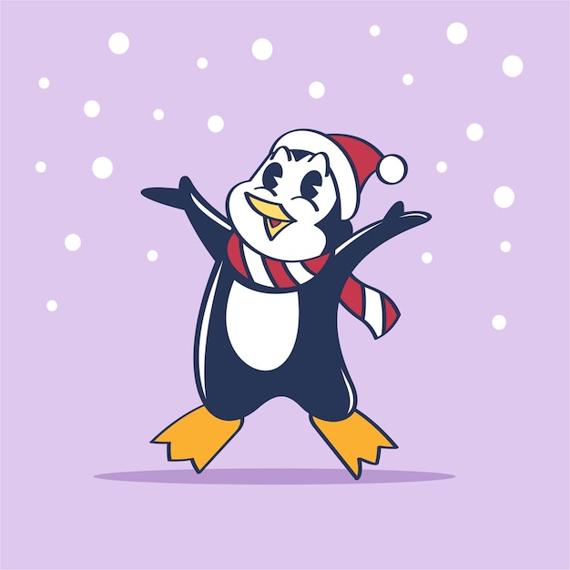 Pingüino con bufanda saltando y feliz con nieve