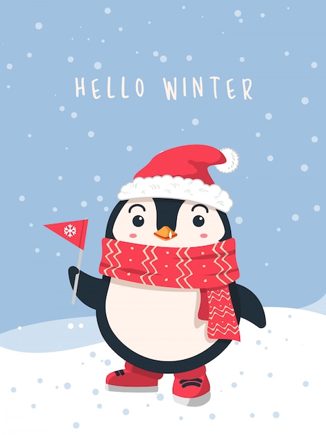 Pingüino con bufanda y santa sombrero fondo de invierno