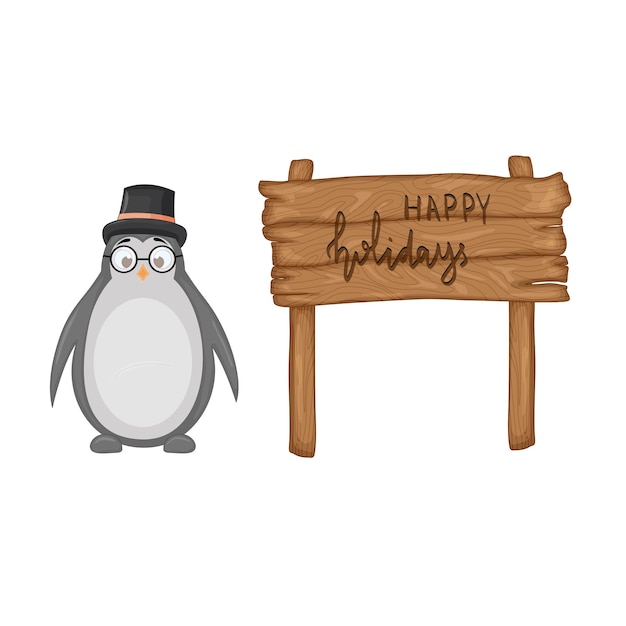 Pingüino cerca del letrero de madera con la inscripción "Felices vacaciones" en el vector. Ilustración de dibujos animados.