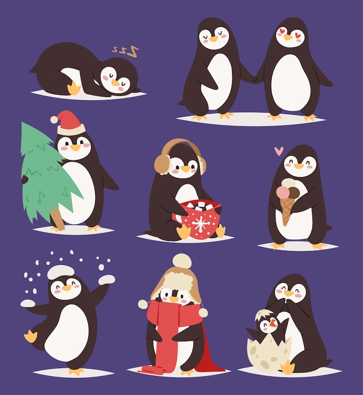 Vector pingüino, conjunto, vector, caracteres