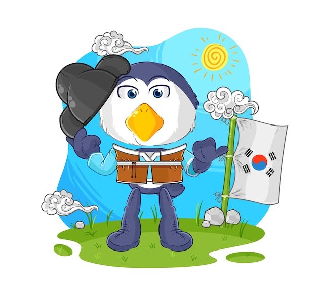 Pingüino cultura coreana vector personaje de dibujos animados