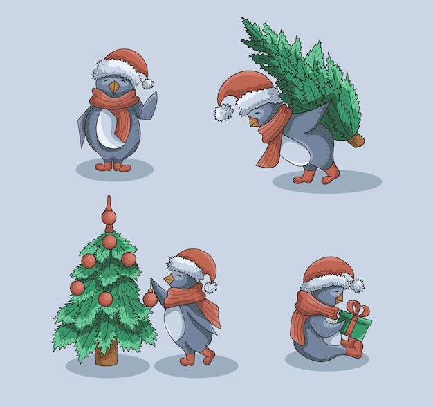 Pingüino de dibujos animados celebrando la Navidad