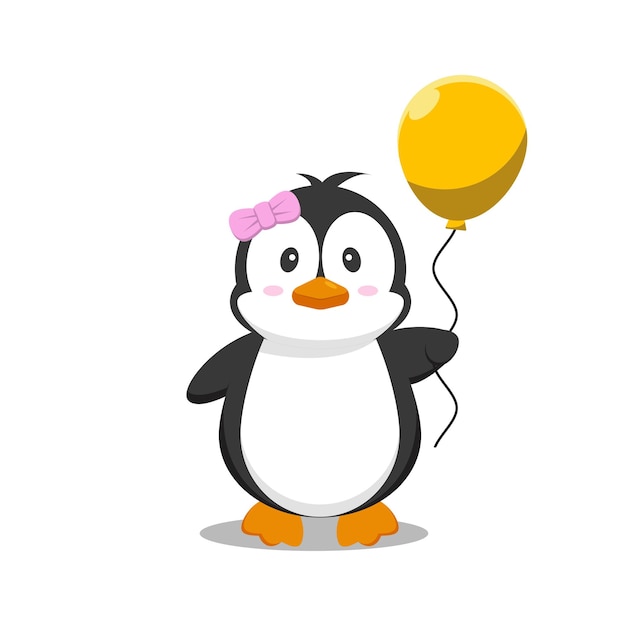 Pingüino de dibujos animados Kawaii con globo amarillo y cinta rosa aislados sobre fondo blanco