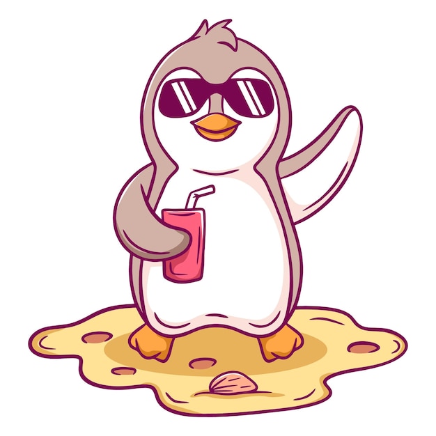 El pingüino de dibujos animados de pie en una playa de arena el pingüino está sosteniendo un jugo