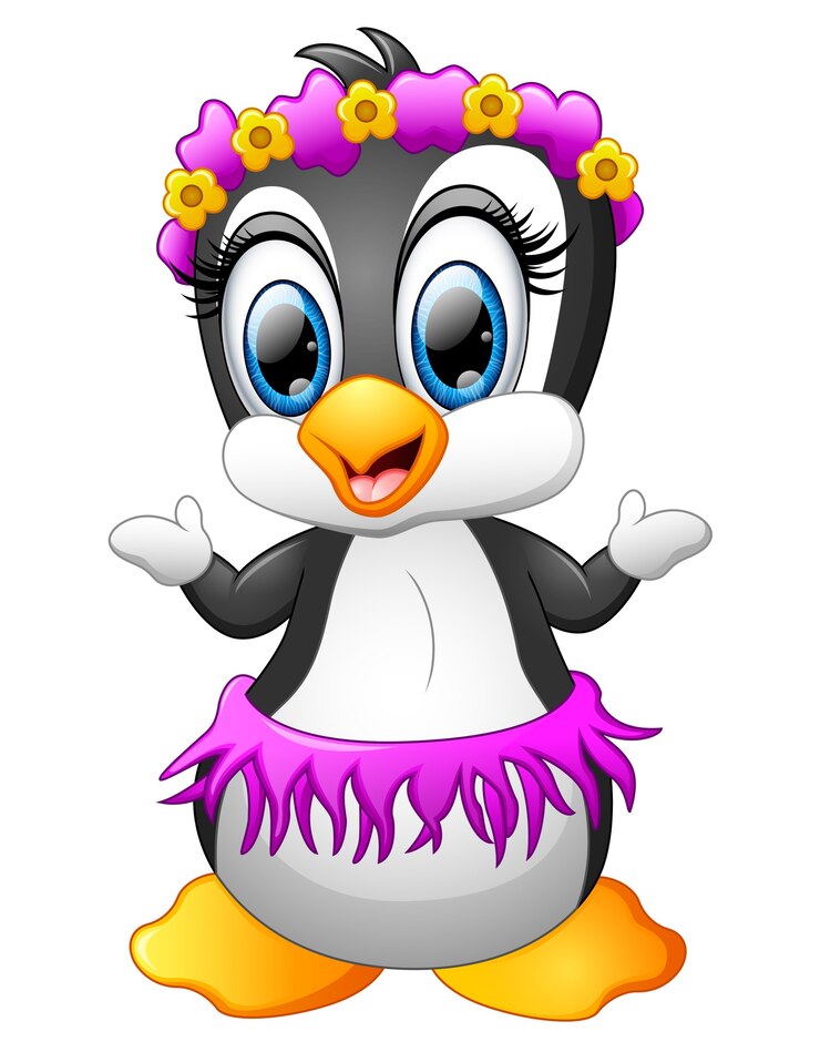 Vector pingüino de dibujos animados con serie de flores en la cabeza
