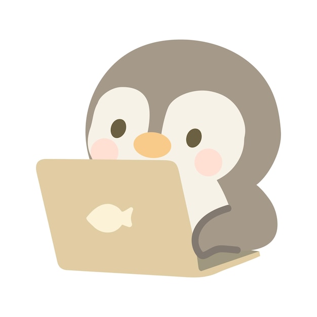 El pingüino de dibujos animados usando la ilustración de la computadora portátil