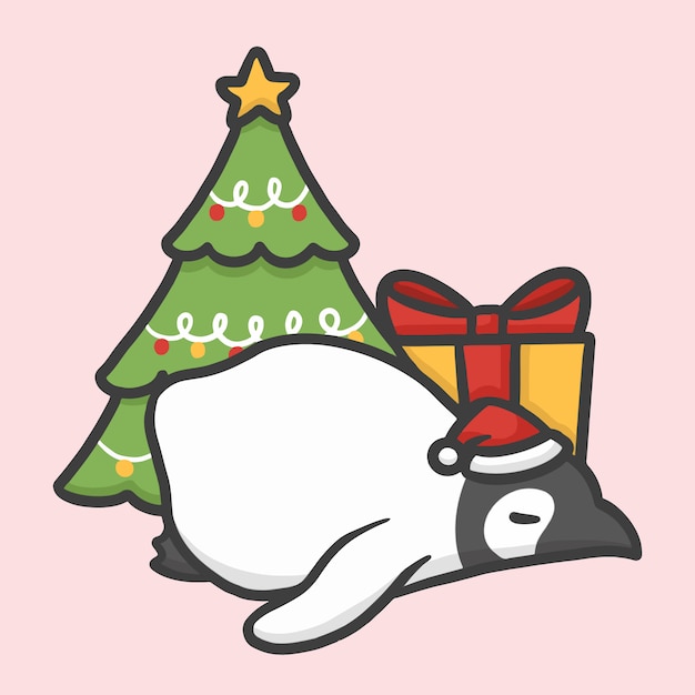 Pingüino dormido con caja de regalo y árbol de navidad