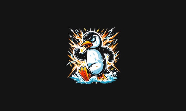 Vector pingüino enojado corriendo con diseño de obras de arte vectoriales de relámpagos