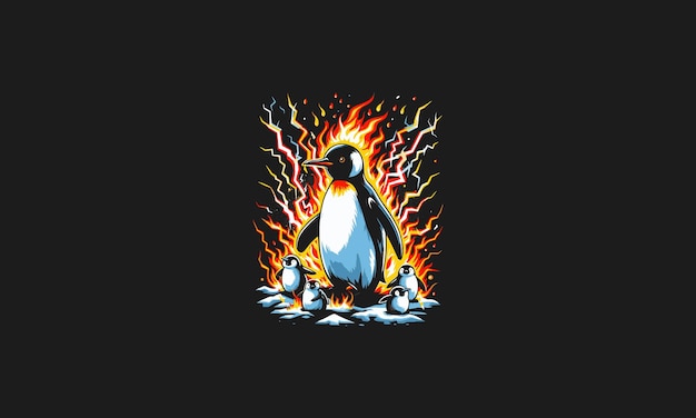 Vector pingüino enojado con las llamas diseño de obras de arte vectoriales de relámpagos