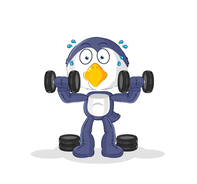 Pingüino entrenamiento con pesas ilustración vector de caracteres