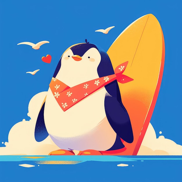 Un pingüino está surfeando en un estilo de dibujos animados de tabla de surf