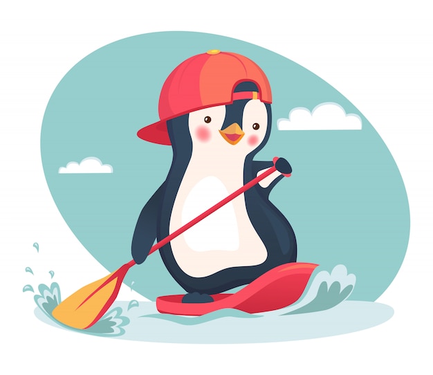 Pingüino flotando en una tabla de sup