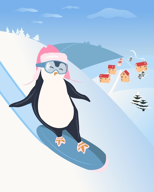El pingüino va a hacer snowboard en invierno Lindo póster infantil con un animalx9